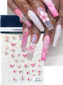 2pcs 2pcs 5D Embossed Floral Nail Art Stickers Gorgeous Pink Cherry Blossom Butterfly Designs With Pearl Self-Adhesive Decals For DIY Manicure Acrylic Nail Art Supplies Decorations