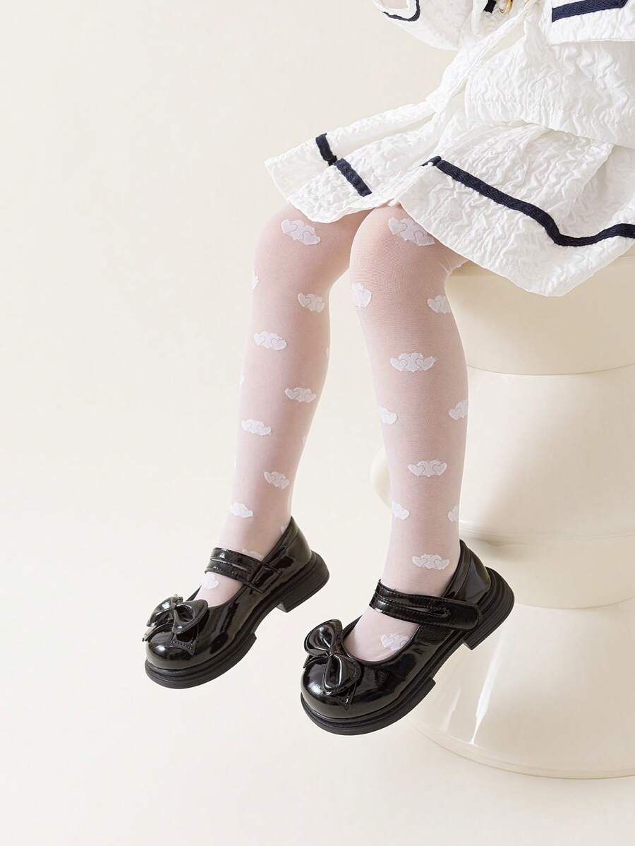 1pc Girls Stockings, Lightweight Breathable White Hollow Cloud & Heart Pattern Decorated Opaque Tights, Skin-Friendly Soft Comfortable Fashion Casual Sports Snag-Resistant Mesh Stockings, Suitable For Daily Life, Back To School, Holiday Gift - White - View 1