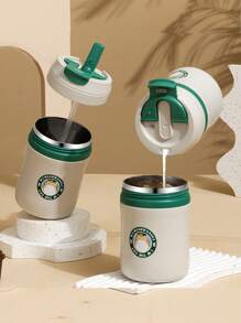1 pieza Taza de agua de acero inoxidable, taza de café, taza práctica, taza de leche, taza de desayuno caliente para trabajador de oficina y estudiante, taza portátil de sopa, taza de desayuno, taza de leche, taza de avena, taza de yogur, taza de té de alta calidad para hombres y mujeres de oficina, taza para beber en casa, con tapa, doble capa de aislamiento térmico, anti-escaldaduras, taza con pajita, taza de pareja