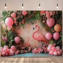 1 stuk roze flamingo- en bloemenballonachtergronddoek - unieke tropische decoratie met levendige rozen, Monstera-bladeren en zachte ballonnen, perfect voor babyshowers, bruiloften, verjaardagen en elegante evenementen, flamingodecoraties