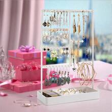 Jewelry Organizer, 4-Tier Earring Holder Organizer With Metal Tray, Jewelry Holder Stand For Necklaces Stud Earrings Bracelets And Rings, Earring Organizer (Gold) - 白色 - 查看 6