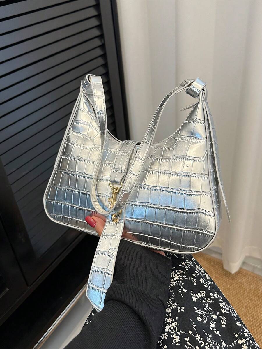 Women's Casual Silver Color Shoulder Bag, Fashion Handbag