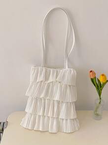 1 Pc White Fabric Casual Fresh Style Foldable Multi-Layer Pleated Open Tote Bag, Large Capacity Suitable For Women In Spring/Summer, College Student School Bag, Teenage Girls Outdoor Shopping Handbag For Phones, Wallets, Lipsticks, Keys, Tissue, Storage Pouch, Fashion Item