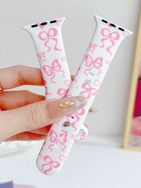 1pc Fashion Simple Bowknot Print Silicone Watch Band Compatible With Apple Watch Band 38mm 40mm 41mm 42mm 4mm 45mm 49mm (S10 42 )Mm (S10 46)Mm , Comfortable Soft Replaceable For Watch Series Ultra 2 SE 10 9 8 7 6 5 4 3 2 1 Gift