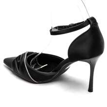 Peep Toe High Heel Shoes With Ankle Strap And Ruffle Details, Embellished With Rhinestones - Black - View 6