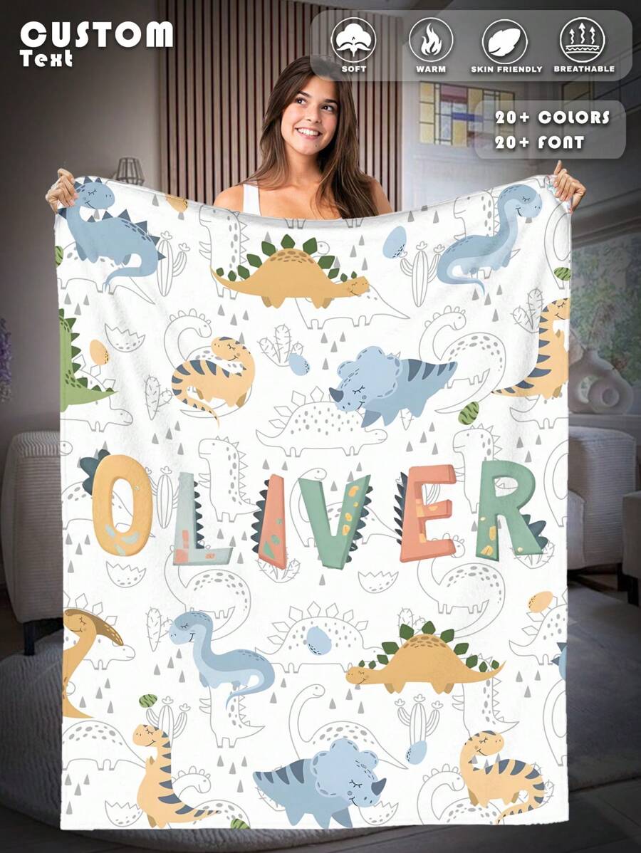 1pc Customized Name Blanket, Personalized Bed Throw, Customizable Name Print, Personalized Throw Blanket, Cute Animal Pattern Blanket, Comfortable Blanket, Home Gift, Birthday Gift, Christmas Gift, Personalized Gift, Gift For Son/Daughter, Gift For Friends - Style 1 - View 1