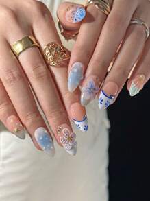 10 piezas de uñas de forma de almendra francesa presionadas a mano, con estilo de mundo submarino: flores de concha, flores pintadas a mano en azul, gotas de agua 3D, diamantes en forma de estrella de mar, hechas a mano, removibles y reutilizables, adecuadas para niñas y mujeres para uso diario, festivales, bodas, decoraciones de uñas para fiestas, con pegamento de gelatina y lima de uñas