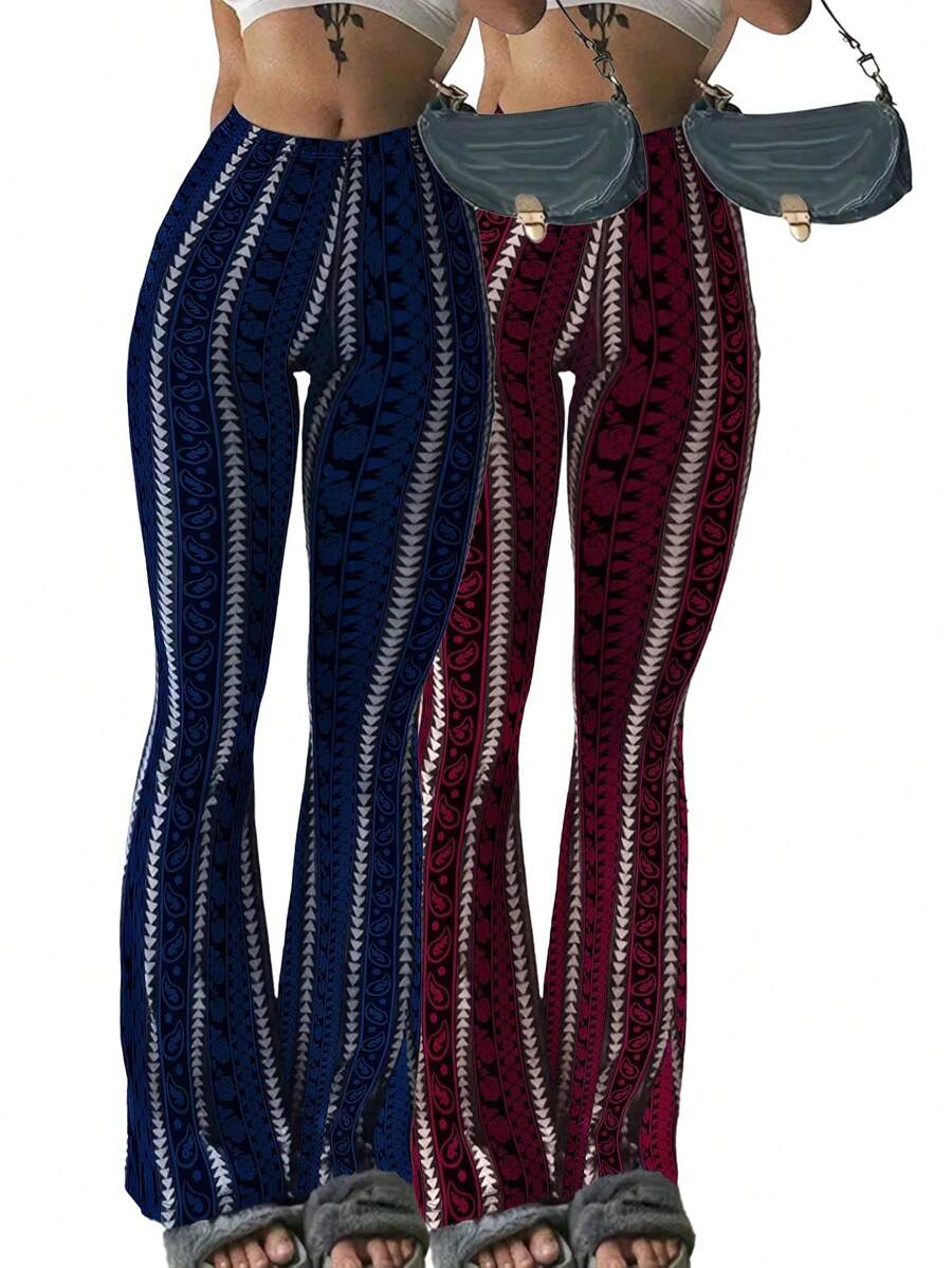 2pcs/Set Striped Print High Waisted Yoga Pants Women Casual Workout Trousers Elastic Waist Flared Leggings Bootcut Gym Summer Clothes - 230497 - 查看 1
