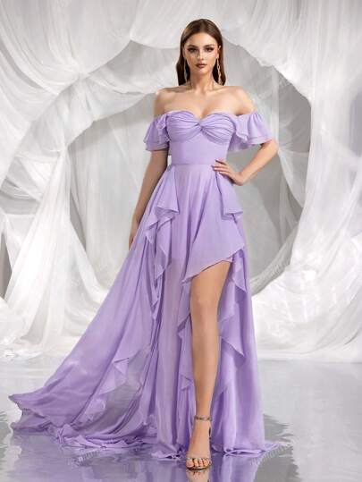 Abito romantico in chiffon con spalle scoperte, maniche a ruffle, orlo asimmetrico e spacco alto, adatto per matrimoni, eventi formali, damigella d'onore
