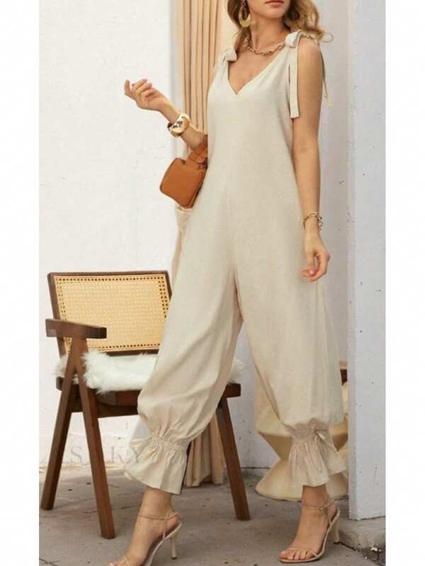Women's Casual Solid Color Knotted Camisole Harem Pants, Suitable For Dates And Vacations