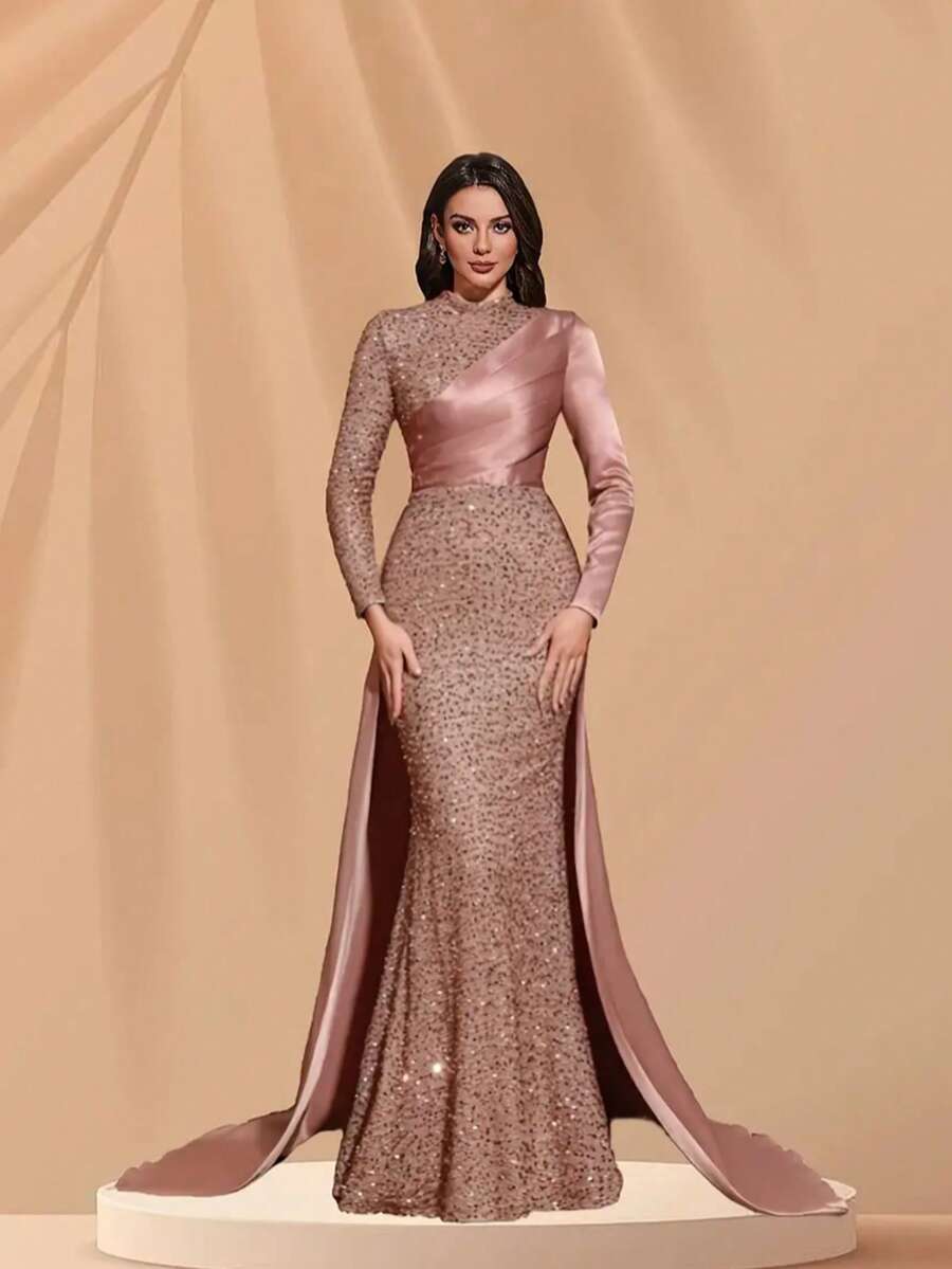 Sequin Long-Sleeved Satin Patchwork Dress