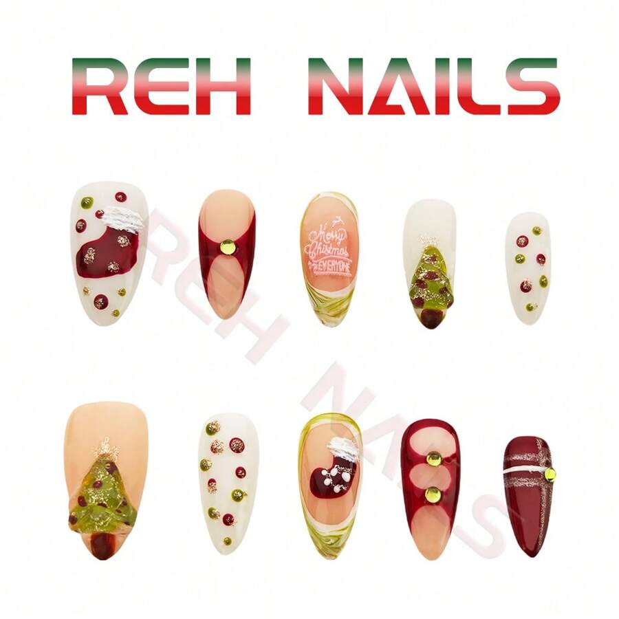Handmade 3D Christmas Tree With Cute Christmas Elements Decoration Almond Shape Press On Nails Suit