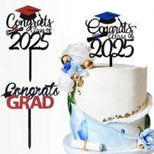 1pc/3pcs Congrats Class Of 2025 Cake Topper Congrats Grad Cap For Happy Graduation Party Cake Decor - Multicolor - View 1