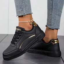 Women's Fashion Anti-Slip Casual Black Shoes, Sparkly Gold Skater Shoes, Versatile Sneakers - Black - View 2