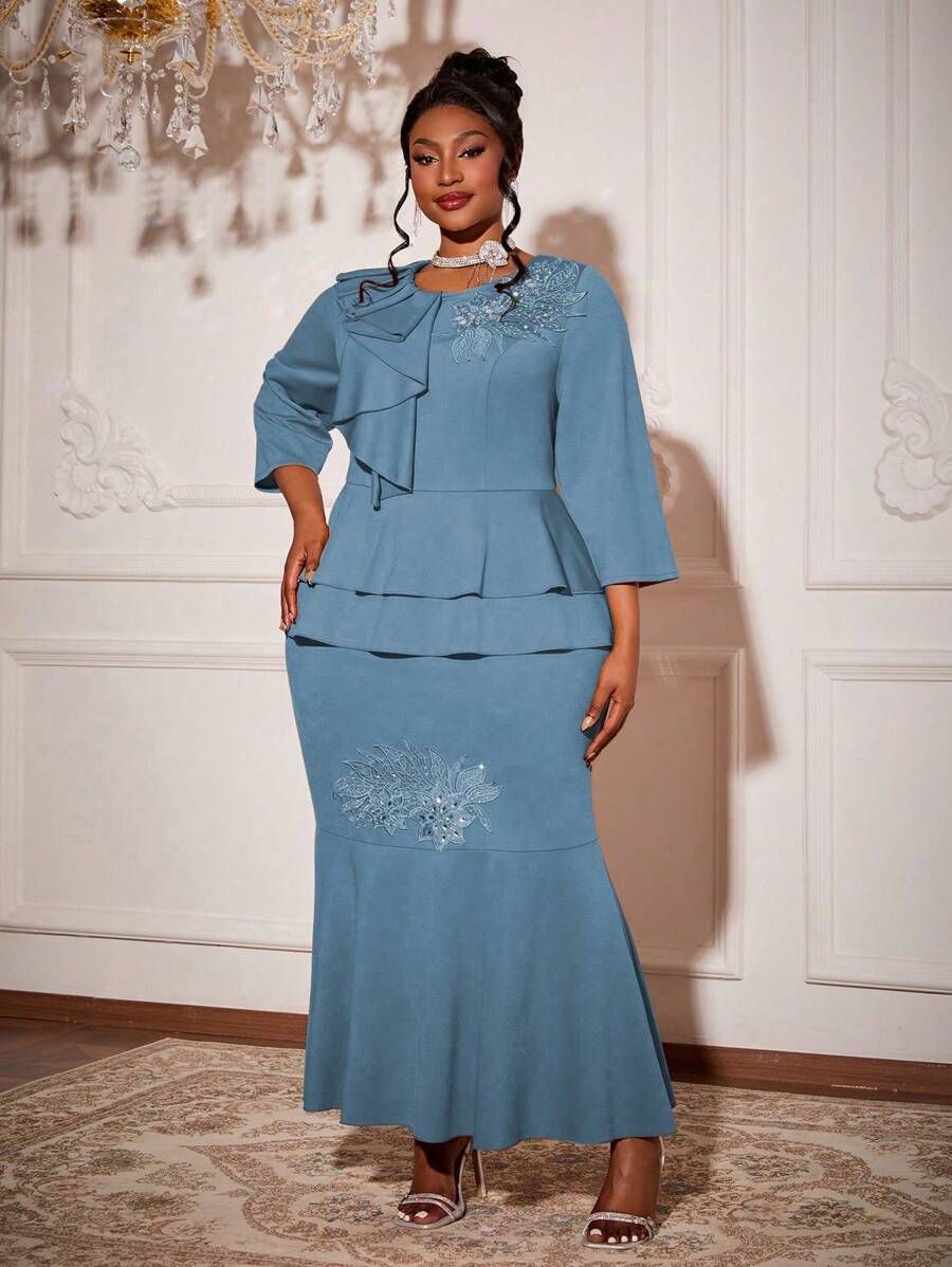 Mgiacy-Lady New Arrival Round Neck Plus Size Ball Dress Floral Hot Fix Ruffle Overlay Mgiacy-Classy Mermaid Bodycon Dress - Blue - View 1