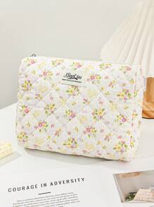 1 pieza/set Bolsa de maquillaje acolchada con estampado de conejito y floral, organizador cosmético multifuncional tipo cartera con cremallera para guardar lápices de labios, brochas, productos de cuidado de la piel, teléfono móvil, monedas y otros artículos pequeños para el hogar o viajes
