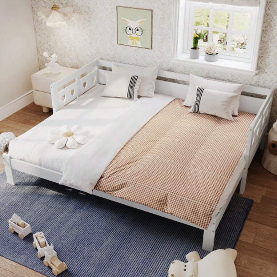 Daybed Cabin Bed Wooden 3FT Single Sofa Guest Bed Sofa Bed, Pull Out Trundle Wooden Bed Heart-Shaped For Children Adults Bed For Living Room And Bedroom -90 X190 Cm -White - 白色 - 查看 1