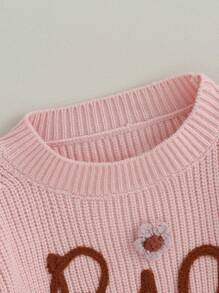 Suéter de otoño para niña, jersey de punto de manga larga con cuello redondo y estampado floral bordado. - Rosa - Ver 5