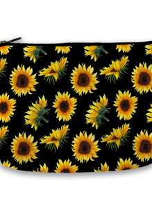 1 pieza Bolsa de maquillaje con estampado de girasol, estuche de cosméticos con flores rojas, blancas y azules, adecuado como regalo de festival