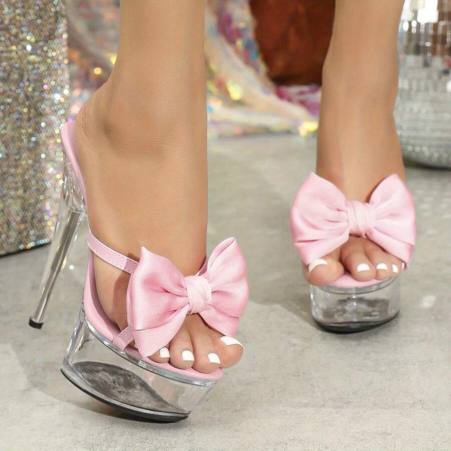 Women's Stiletto Car Model High Heels Shoes Catwalk Pole Dance Crystal Pink Bow Sandals Slipper - 粉紅色 - 查看 1