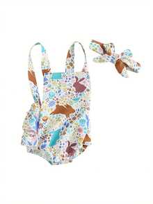 Mono de Pascua para bebés, niños y niñas, sin mangas, con estampado floral de conejito y diadema, conjunto de primavera para recién nacidos, estilo pastoral - Blanco - Ver 1