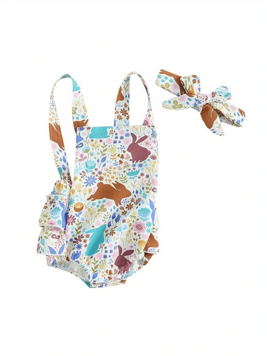 Mono de Pascua para bebés, niños y niñas, sin mangas, con estampado floral de conejito y diadema, conjunto de primavera para recién nacidos, estilo pastoral - Blanco - Ver 1