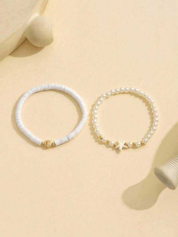 2 Stücke/Set Handgefertigter Knöchelschmuck im Ozean-Stil mit Muschelperlen und Seestern, mit Polymerton Kunstperlen, Accessoire für Freizeitmode und Urlaubspartys
