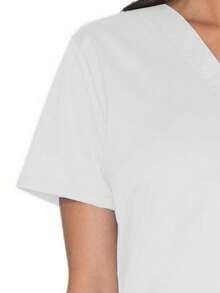 Blusa de cuello en V de manga corta con acabado mate, uniforme de trabajo informal, blusa de pijama primaveral en blanco - Blanco - Ver 5