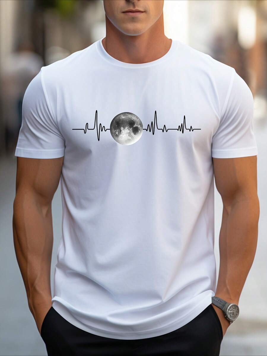 Camiseta de hombre con estampado de luna, camiseta casual de verano de tejido transpirable, camiseta casual de cuello redondo y manga corta, camiseta 100% algodón engrosada de 220 g - Blanco - Ver 1