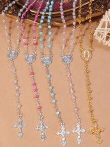 1 pieza Rosario asequible y creativo de cuentas de perlas acrílicas de colores, colgante de cruz religiosa cristiana católica de Jesús, collar de etiqueta de perro de sacerdote de aleación vintage