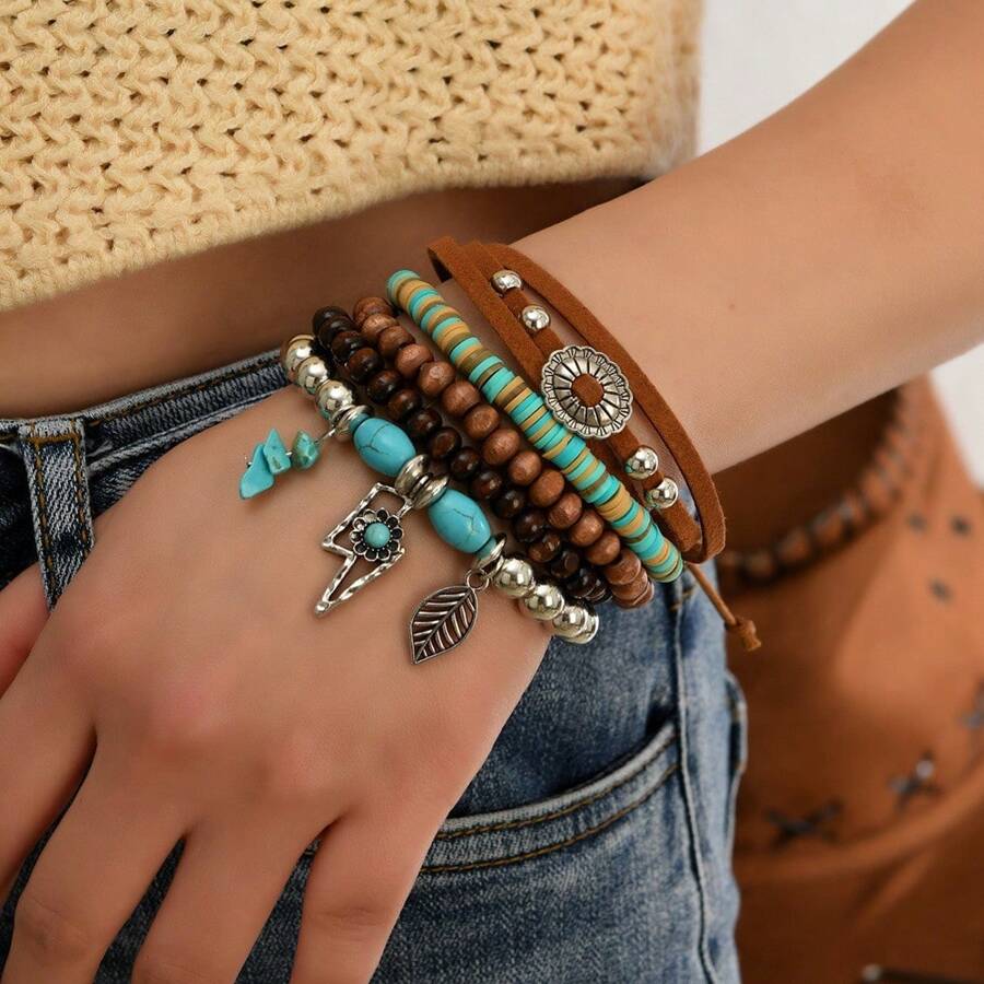 5 قطع / مجموعة سوار من الخرز الخشبي بطراز البوهيمي، مناسب للنساء لارتداء في الحياة اليومية - مجموعة أساور الزهور المصنوعة من الخرز الخشبي - مشاهدة 1