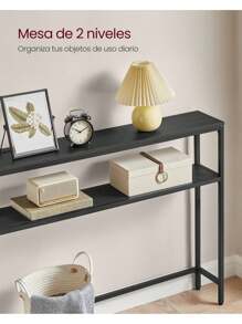 VASAGLE Mesa de Consola, Mesa Auxiliar Estrecha, 20 x 100 x 80 cm, Mesa de Entrada Moderna con 2 Estantes, para Sala de Estar, Dormitorio, Gris Carbón y Negro Tinta - Negro - Ver 2