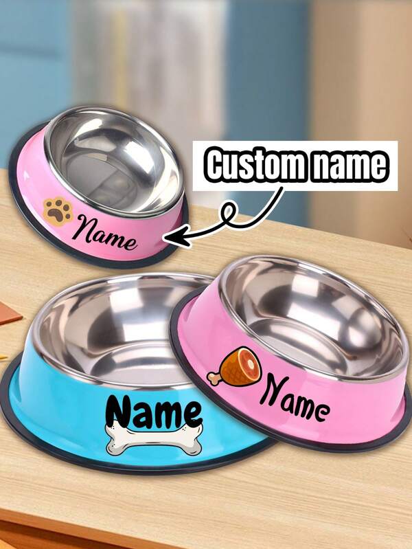 1pc Customizable Stainless Steel Dog & Cat Bowl - Non-Slip, Personalized Dog Water Bowl With Your Choice Of Name, Bone & Paw Print Designs For Easy Identification,Customized Travel Dog Bowls,Customizable Small Dog Bowls,Pink,Blue,Stainless Steel,Ideal For Birthday Gifts,For Dogs, Pet Lovers, Dog Lovers,Customized Pet Gifts