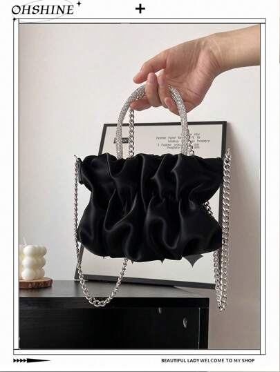 1pc PU Leather Bag, Party Handbag, Ruched Cloud Shaped Purse, Chain Crossbody Shoulder Bag