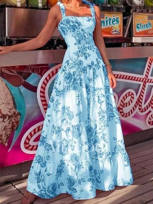 Women Floral Print Ruffle Hem Spaghetti Strap Dress, Vacation Wear