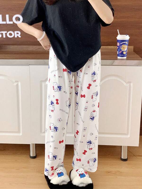 1 Stück Sanrio Character Series Modal Allover-Muster Hello Kitty Freizeithose. Es sind Damen Schlafhosen mit Cartoon Hello Kitty Muster. Geeignet für Frühling und Herbst. Locker und lässiger Stil. Können zuhause oder draußen getragen werden. Bedruckte Lange Hose., Urlaub