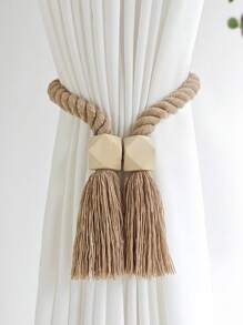 1 pieza Cinta para cortinas estilo bohemio tejida a mano, diseño magnético de cubo de madera simple para decoración acogedora del dormitorio y la sala de estar