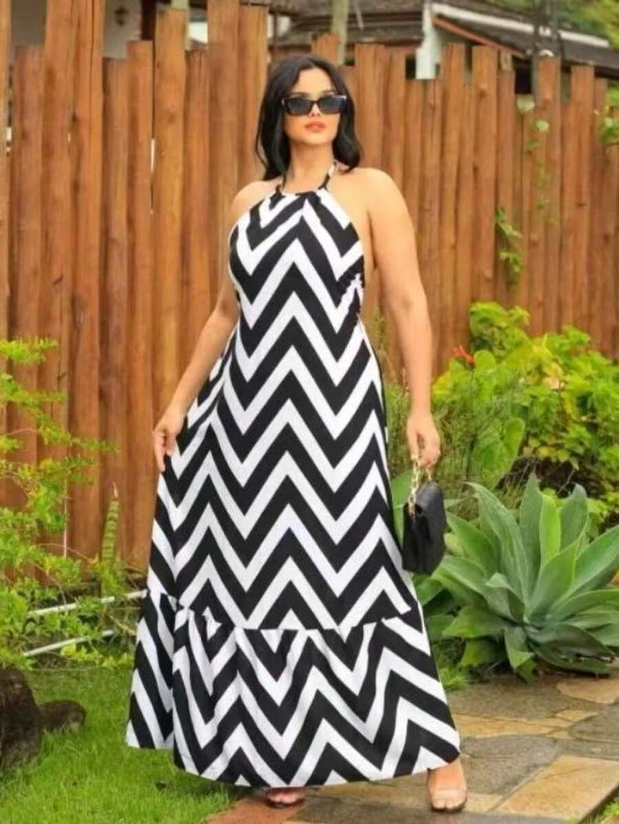 Women's Halter Backless Dress With Padded Cup H-6 - Black and White - View 1