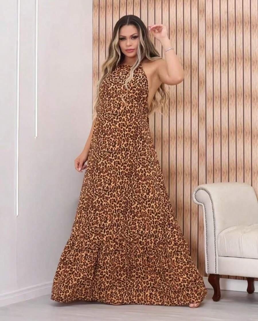 Women's Halter Backless Dress With Padded Cup H-6 - Marrón Mocha - Ver 1