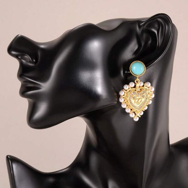 1 Pair Vintage Elegant Turquoise Heart Shape Earrings, Fashionable Minimalist Gift For Women