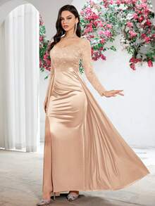 MIUSOL 亮片蕾丝甜心领缎面开叉大腿正式派对长裙，优雅女士连衣裙，适合婚礼宾客、毕业典礼、晚宴 - 香檳色 - 查看 7