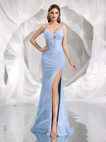Elisanya Elegantes Kleid mit tiefem V-Ausschnitt und offenem Rücken mit Schlitz, geeignet für Party, Bankett, Hochzeit, Brautjungfer - Babyblau - Übersicht 1