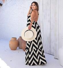 Women's Halter Backless Dress With Padded Cup H-6 - Black and Gold - View 2