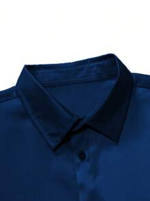 Men's Solid Color Minimalist Casual Button Short Sleeve Shirt - Blue - View 4