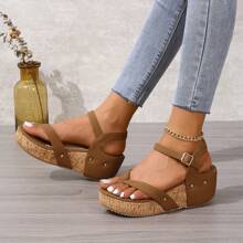 Women's Strap Open-Toe Chunky Platform Sandals, Brown, Spring/Summer