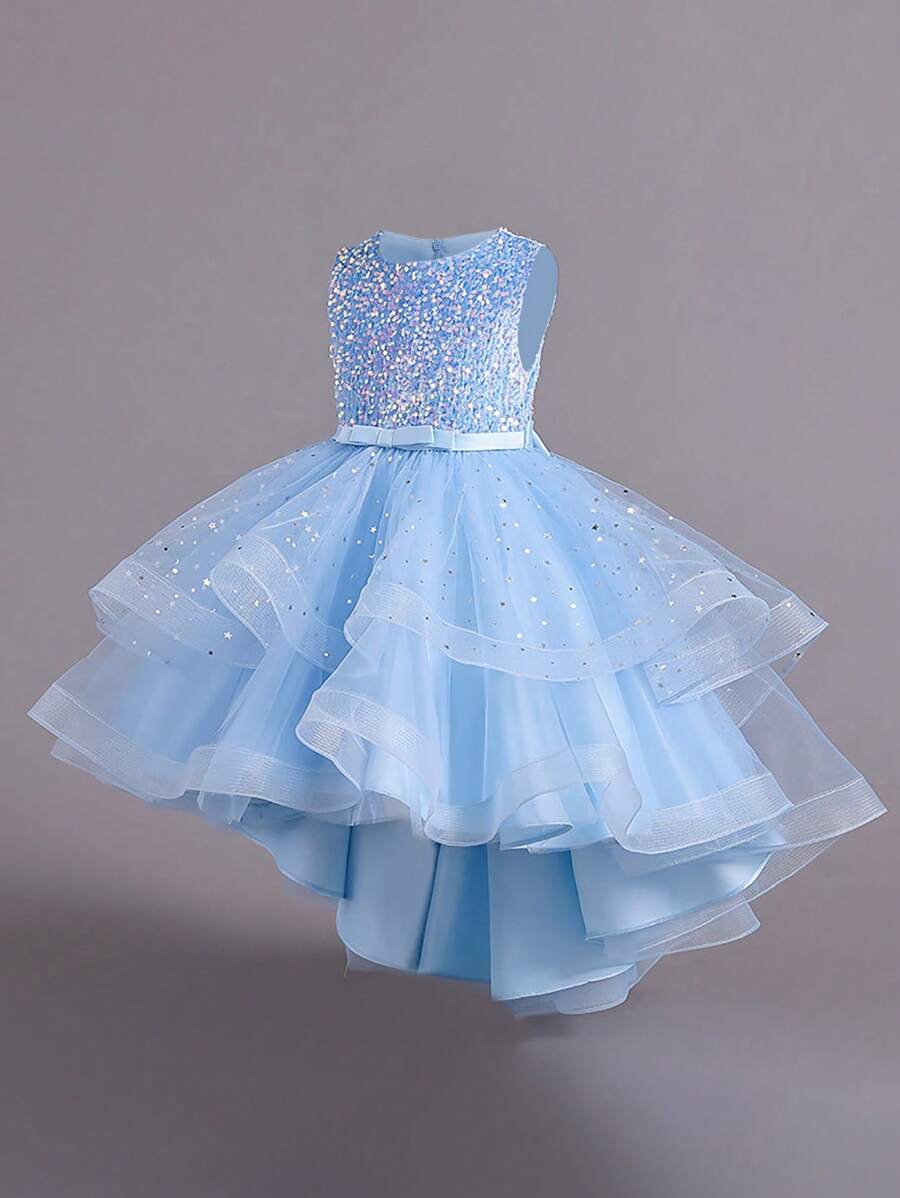 Young Girls Sleeveless Sequin Bow Mesh Tulle Train Puff Elegant Dress Suitable For Party, Without Headband - Baby Blue - View 1