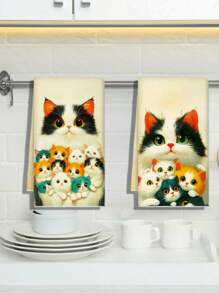 2 piezas Paños de cocina con estampado de gato, paños suaves y absorbentes de fibra superdensa, toallas de baño, estilo de dibujos animados modernos, lavable a máquina, adecuado para la decoración del hogar y restaurantes, regalo perfecto para amantes de los gatos, apropiado para la cocina, comedor, baño, hogar, 18*28 pulgadas