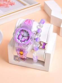 热销 2 件套：LED 照明儿童手表 + 紫色蝴蝶设计女孩石英表 + 弹性蝴蝶手链