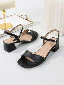 Women's Peep Toe Ankle Strap Chunky Heeled Sandals, Mid Heels French Style Sandals With Extended Sizes, Classic High Heel Outdoor Wear - Black - View 10