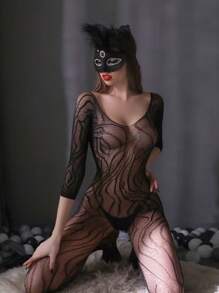 Sexy Lingerie For Women Sexy Black Brindle Open Crotch Long-Sleeved One-Piece